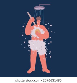 Cartoon vector illustration of Man taking a shower washing hair with shampoo water falling from luxury rain shower head. Morning routine luxury hotel lifestyle guy showering. body care hygiene 