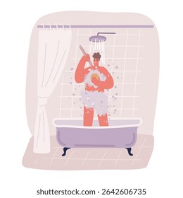 Cartoon vector illustration of Man taking a shower washing hair with shampoo product under water falling from luxury rain shower head. Morning routine luxury hotel lifestyle guy showering.