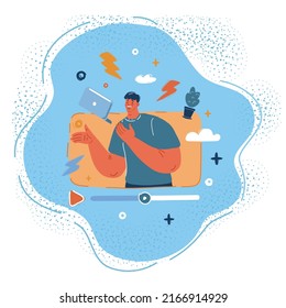 Cartoon vector illustration of man talk in video blog