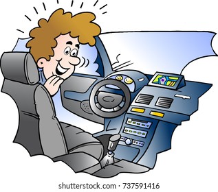 Cartoon Vector illustration of a man there looking looking at equipment in the new auto car