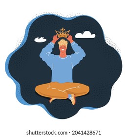 Cartoon vector illustration of man thinking he is king and put crown on his head on dark.