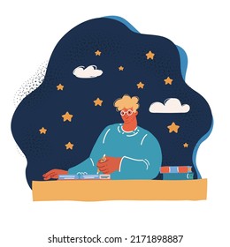 Cartoon vector illustration of cartoon man thinking what would he write over dark background