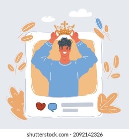 Cartoon vector illustration of man thinks he's a king of social media blog. Crown on his head in post.