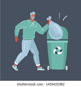 Cartoon vector illustration of man throws a garbage in the trash. Human character on dark.