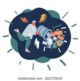 Cartoon vector illustration of man throws out spam over black background