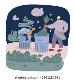 Cartoon vector illustration of man throws trash into bin. Separate waste collection, garbage recycling. Renewable resources, reuse. Solving environmental problems over dark background
