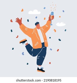 Cartoon vector illustration of man toasting with champagne congratulating. Celebration