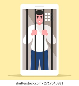Ilustración vectorial de dibujos animados de un hombre atrapado dentro de su teléfono inteligente como un prisionero. Una metáfora satírica de la adicción a los móviles, la obsesión digital y la dependencia de las redes sociales en el mundo moderno