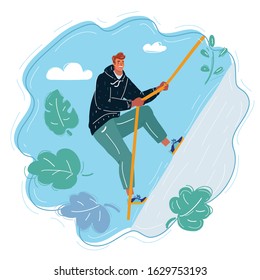 Cartoon vector illustration of man try to climbing on top.