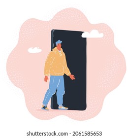 Cartoon vector illustration of a man try came through dark doorway