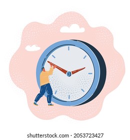 Cartoon vector illustration of Man trying to stop time. Stopping minute on a big clock. Immortality and business deadline concept.