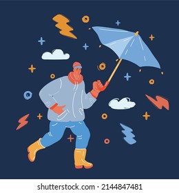 Cartoon vector illustration of man with umbrella over dark backround.