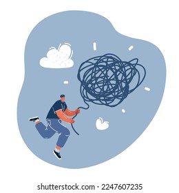 Cartoon vector illustration of man unravel the Tangle of Problems. Solving Family Problems.