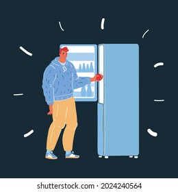 Cartoon vector illustration of man use Fridge. Woman take Refrigerator. Pulls an apple out of the fridge on dark backgroud.