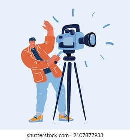 Cartoon vector illustration of man use videocamera. Professional videographer