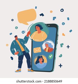 Cartoon vector illustration of man use smartphone stand near big phone with message