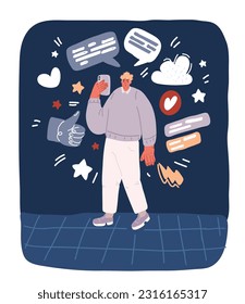 Cartoon vector illustration of Man is use the phone. People and gadgets over dark background