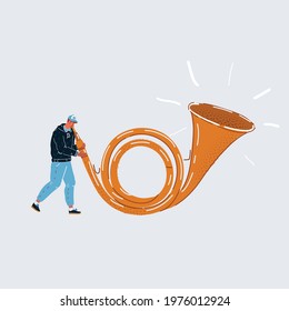 Cartoon vector illustration of man using giant big Post horn on white background.