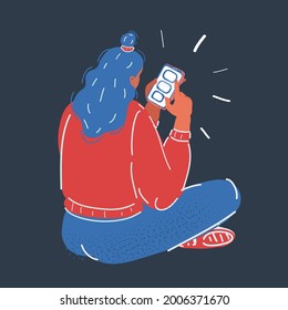 Cartoon vector illustration of man is using smartphone. Rear view on dark background.