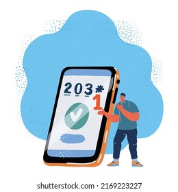 Cartoon vector illustration of man using 3d mobile smart phone with pin code on the screen.