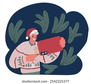 Cartoon vector illustration of man using smart phone, celebrating Christmas and New Year over dark background
