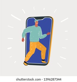 Cartoon vector illustration of man walk in smartphones and get mobile application screen. User phone metaphor.