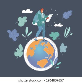Dibujo vectorial de un hombre caminando en el globo terrestre sobre un fondo oscuro.