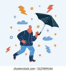 Cartoon vector illustration of man walk with umbrella