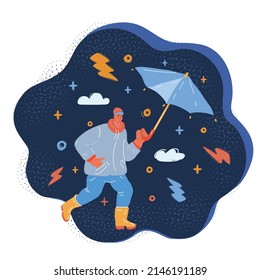 Cartoon vector illustration of man walk with umbrela over dark backround.