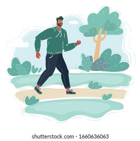 Cartoon vector illustration of man walking in the park.