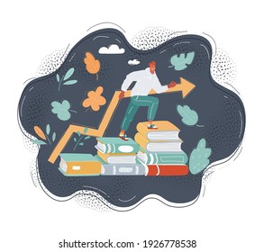 Cartoon vector illustration of man is walking with big pile of books on dark background.