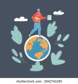 Cartoon vector illustration of man walking on the earth globe on dark backround.