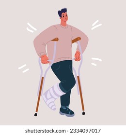 Cartoon, Vektorgrafik des Menschen, der mit gebrochenem Bein in gegossenen Krücken geht. Rehabilitation und Behandlung nach dem Unfall.