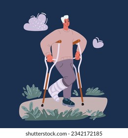 Cartoon vector illustration of man walking with crutches and plaster. He had broken leg over dark background