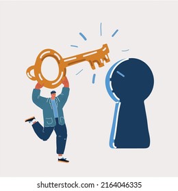 Cartoon vector illustration of man wants to put key in the keyhole. Solving the problem concept.