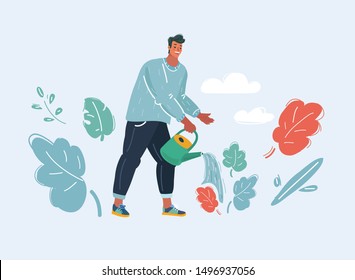 Dibujo vectorial de hombre con hombre con agua puede regar la planta. Carácter humano sobre blanco.