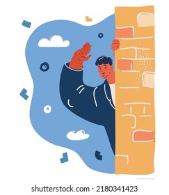 Cartoon vector illustration of man waving from the wall