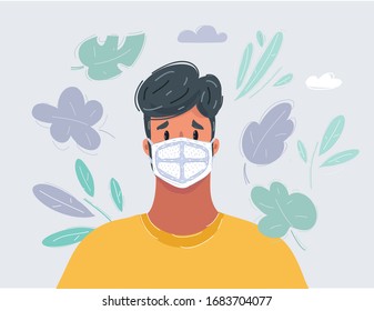 Cartoon vector illustration of man wearing flue face mask.