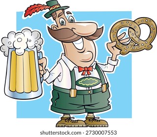 Ilustração vetorial em desenho animado de um homem vestindo trajes bávaros tradicionais, segurando uma grande caneca de cerveja em uma mão e um pretzel na outra. A imagem representa o espírito festivo da Oktoberfest de Munique, conhecida pela cerveja, música e tradições culturais.