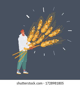 Dibujo vectorial de caricatura del hombre con trigo con grandes hojas de trigo. Carácter aislado sobre fondo oscuro.