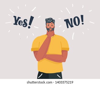 Cartoon vector illustration of man who can not make Choice. Hesitant different sides or directions, cant make choice between two decision. Character on white.