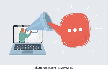 Cartoon vector illustration of Man who broadcasts from laptop screen on white. Person with megaphone and speech bubble. Isolated on white.