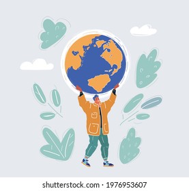 Cartoon vector illustration of man who holding globe in his hands on white background.