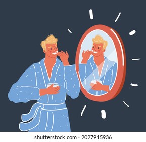 Cartoon vector illustration of man who take care about his skin. Character looking at miror tonight.
