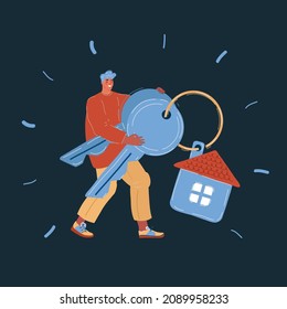 Cartoon vector illustration of man who rent or sale house on dark backround.