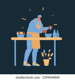 Cartoon vector illustration of man who cooking at home at night.