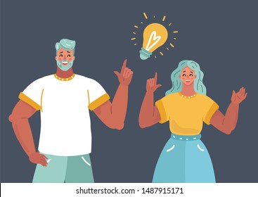 Cartoon vector illustration of man and woma with bulb - symbol of good idea. Human character on dark background.