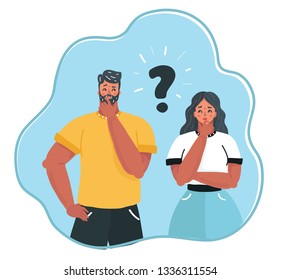 Cartoon vector illustration of man and woman question. Problems and solutions. Couple in quarrel. Female and male charcers.