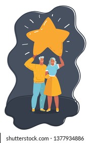 Cartoon vector illustration of man and woman hold big star above. Dark background.