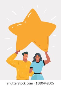 Cartoon vector illustration with man and woman hold star. Story of succes, happy, victory, relationship.